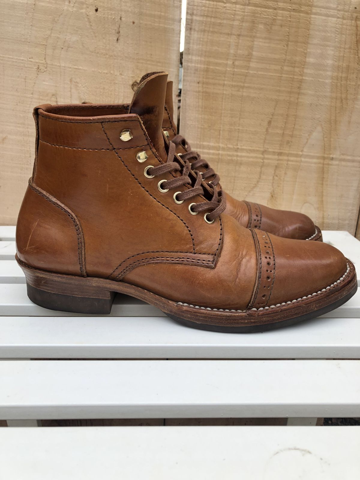 Photo by patinathunderdome on January 4, 2022 of the Santalum Service Boot in Tarnsjo Garveri Brown Veg-Tanned Tooling.