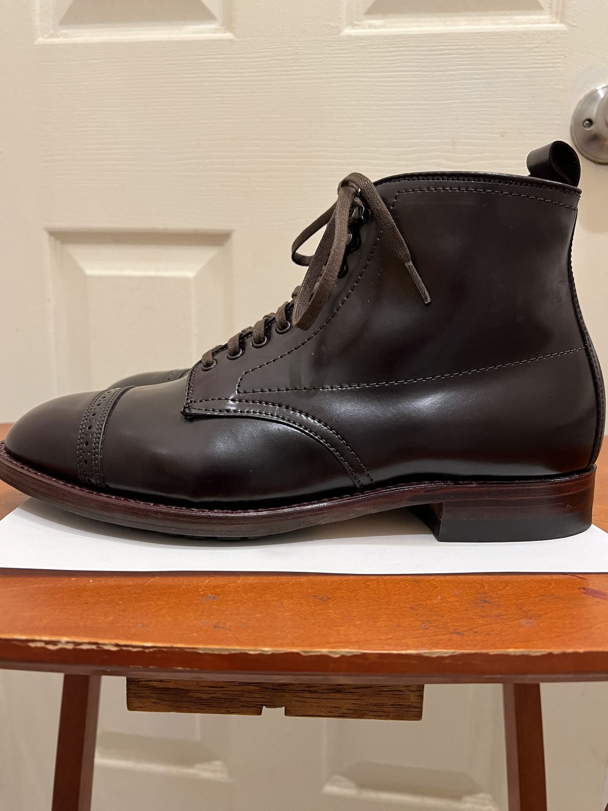 Photo by patinathunderdome on October 6, 2021 of the Alden Perforated Cap Toe Boot in Horween Color 8 Shell Cordovan.