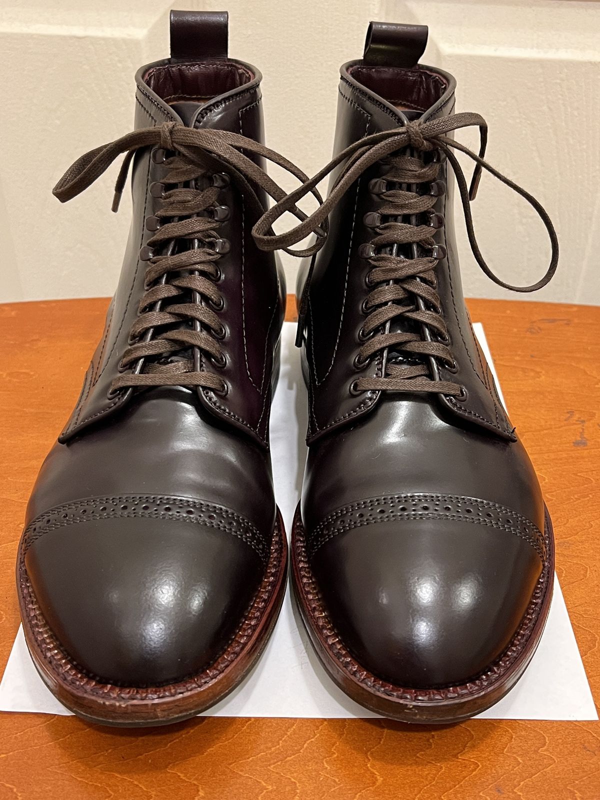 Photo by patinathunderdome on October 6, 2021 of the Alden Perforated Cap Toe Boot in Horween Color 8 Shell Cordovan.