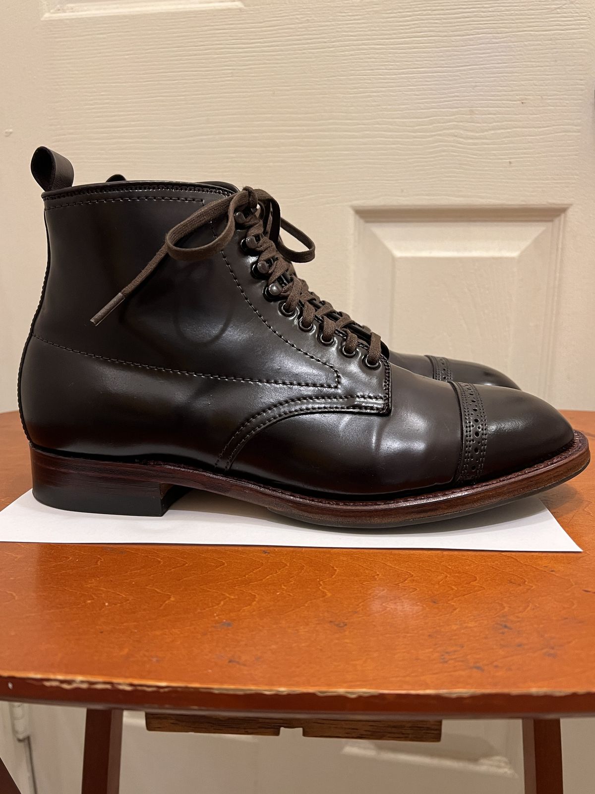 Photo by patinathunderdome on October 6, 2021 of the Alden Perforated Cap Toe Boot in Horween Color 8 Shell Cordovan.