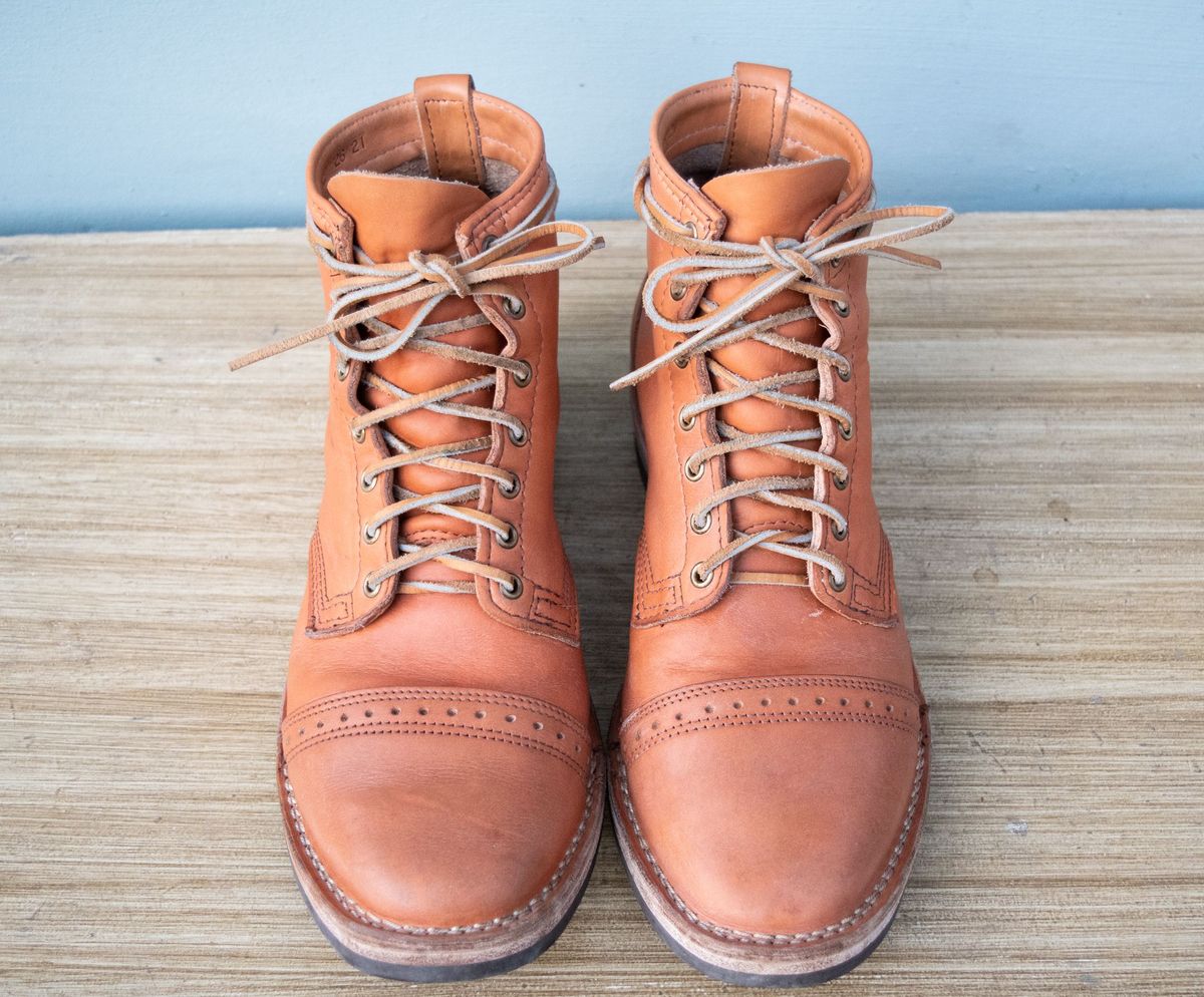 Photo by patinathunderdome on December 6, 2021 of the Wesco Hendrik in Horween Natural Essex.