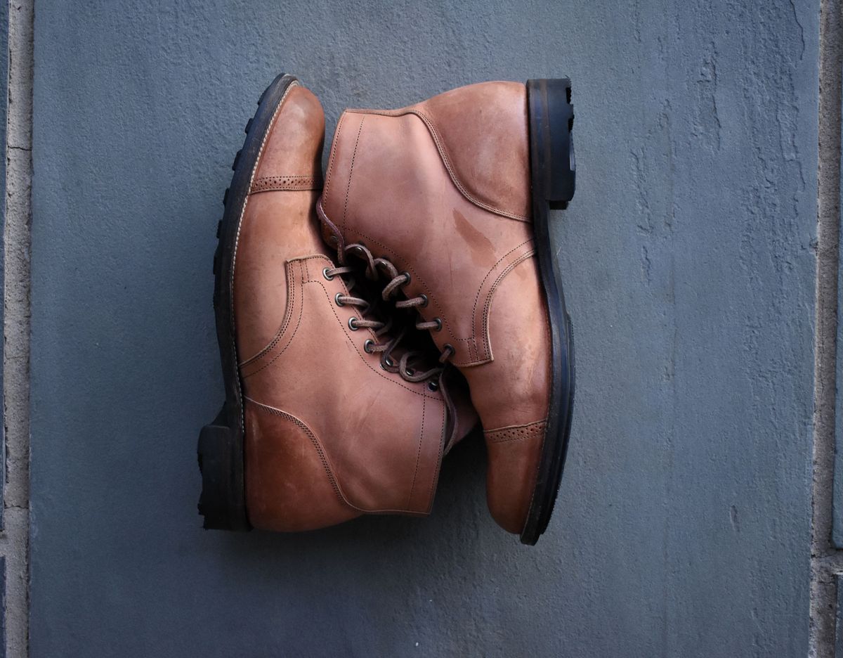 Photo by patinathunderdome on December 4, 2021 of the Viberg Service Boot in Maryam Used Cuoio Vitello Calf.