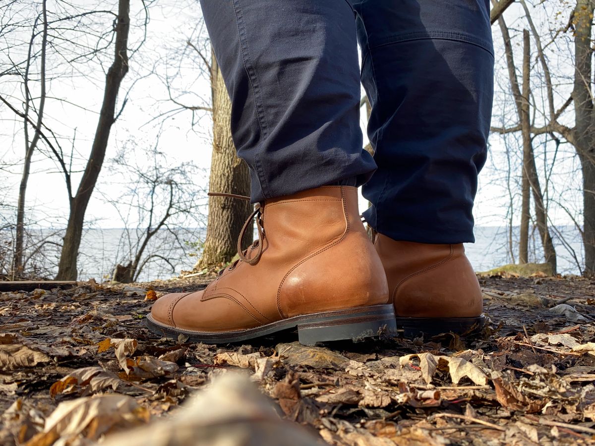 Photo by patinathunderdome on December 4, 2021 of the Viberg Service Boot in Maryam Used Cuoio Vitello Calf.