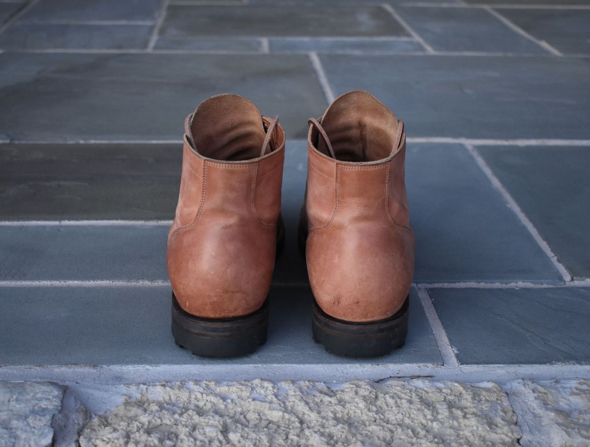 Photo by patinathunderdome on December 4, 2021 of the Viberg Service Boot in Maryam Used Cuoio Vitello Calf.