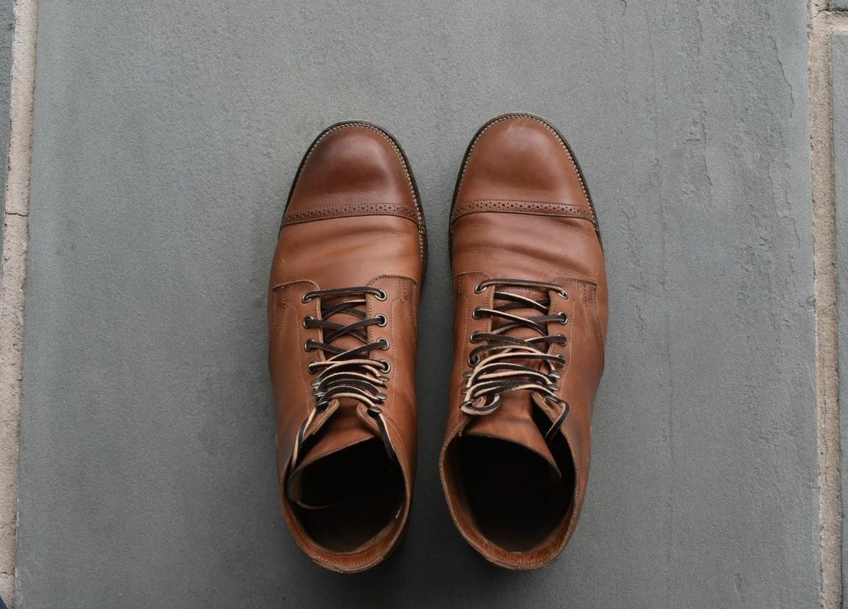 Photo by patinathunderdome on April 4, 2022 of the Viberg Service Boot in Maryam Used Cuoio Vitello Calf.