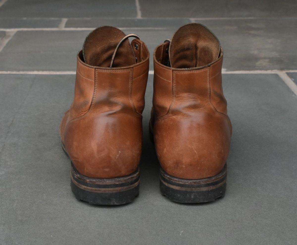 Photo by patinathunderdome on May 6, 2022 of the Viberg Service Boot in Maryam Used Cuoio Vitello Calf.