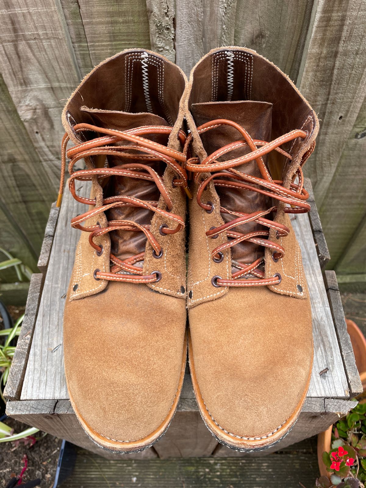 Photo by patinathunderdome on November 2, 2023 of the Viberg Boondocker in Horween Natural Chromexcel Roughout.