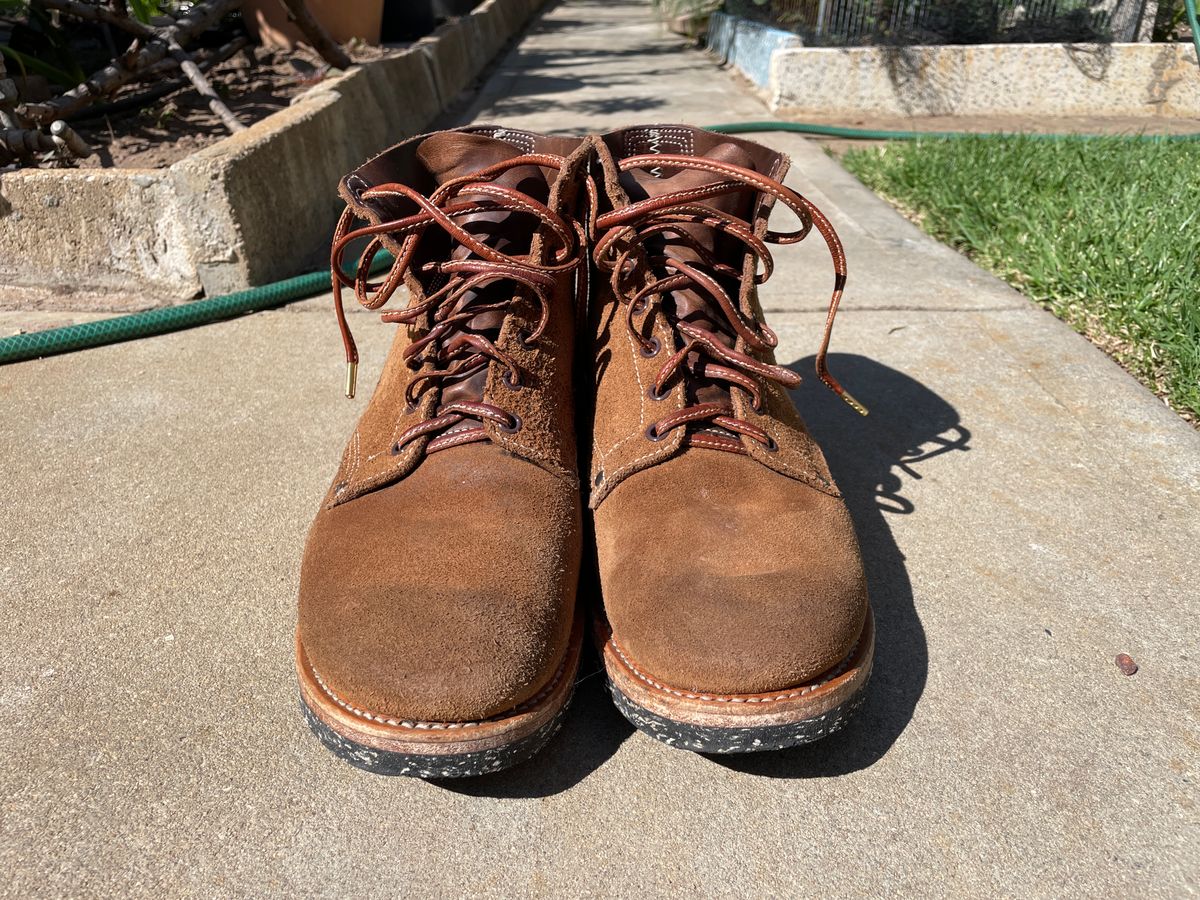 Photo by patinathunderdome on January 4, 2024 of the Viberg Boondocker in Horween Natural Chromexcel Roughout.