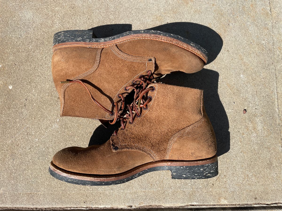 Photo by patinathunderdome on January 4, 2024 of the Viberg Boondocker in Horween Natural Chromexcel Roughout.