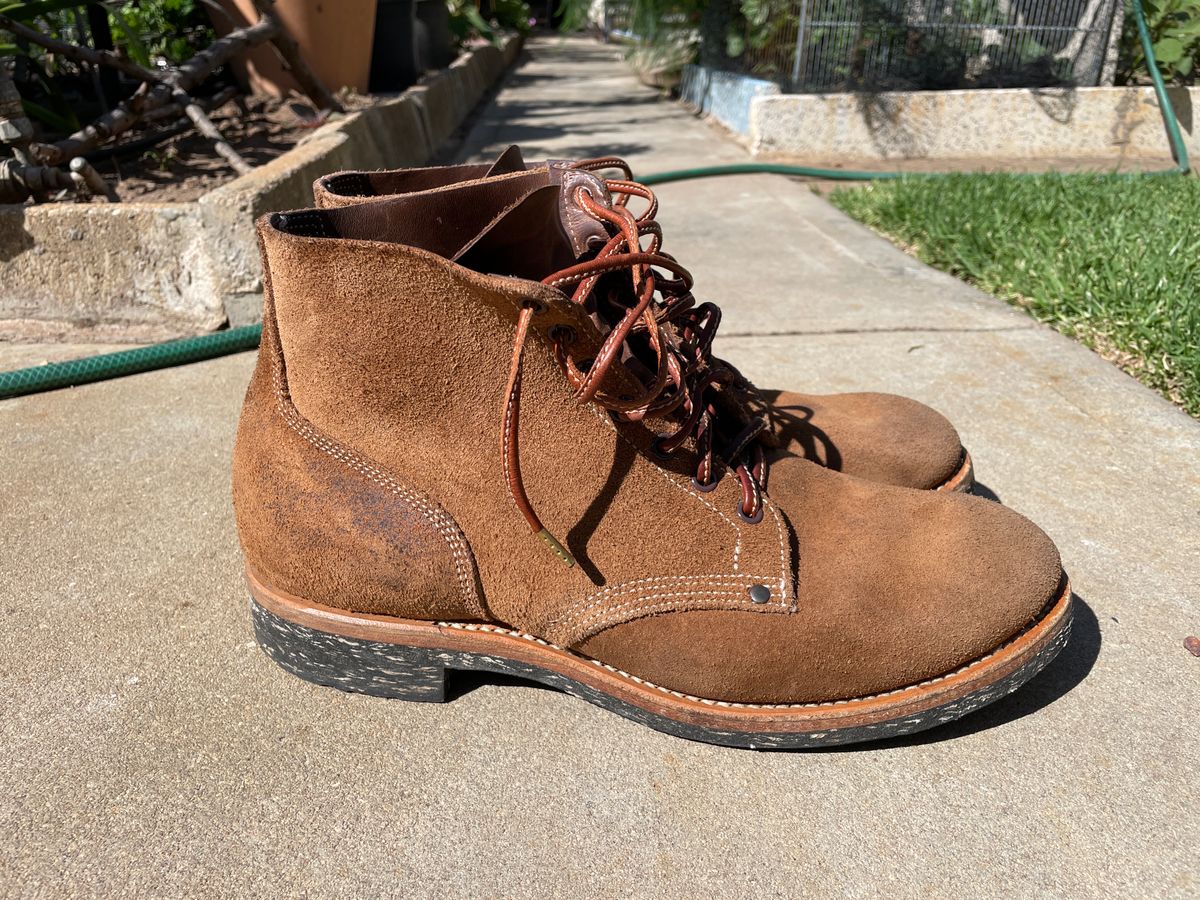 Photo by patinathunderdome on January 4, 2024 of the Viberg Boondocker in Horween Natural Chromexcel Roughout.