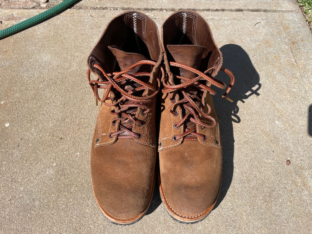 Photo by patinathunderdome on January 4, 2024 of the Viberg Boondocker in Horween Natural Chromexcel Roughout.