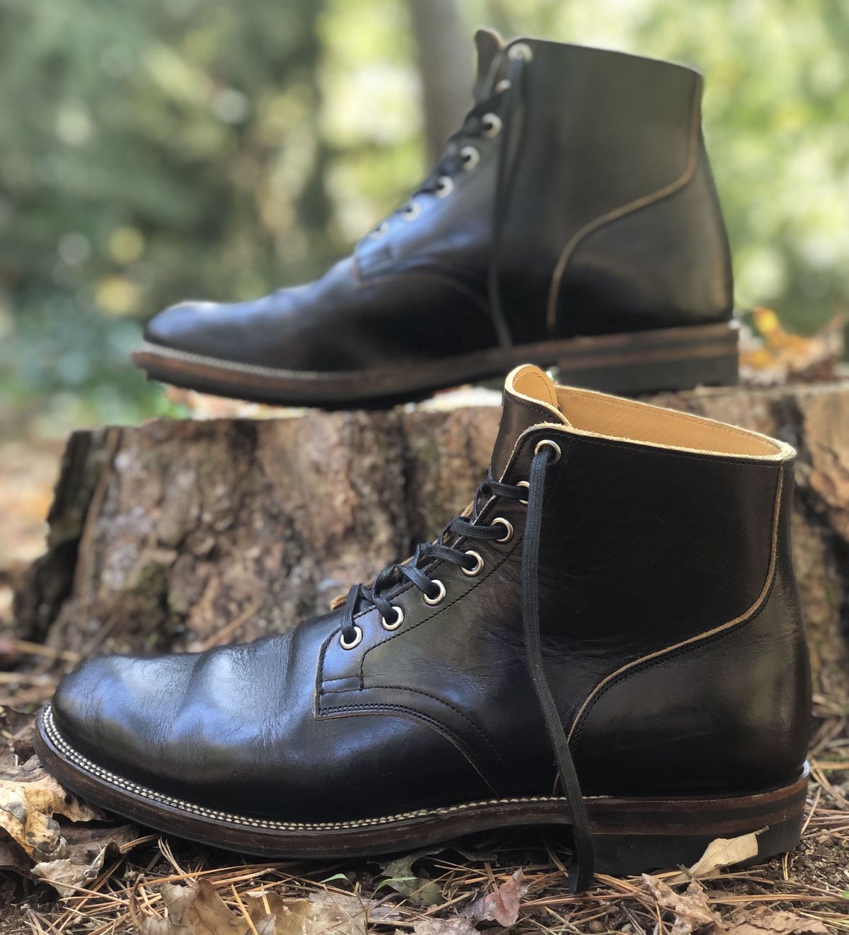 Photo by patinathunderdome on November 3, 2021 of the Viberg Service Boot in Shinki Black Latigo Teacore Horsehide.