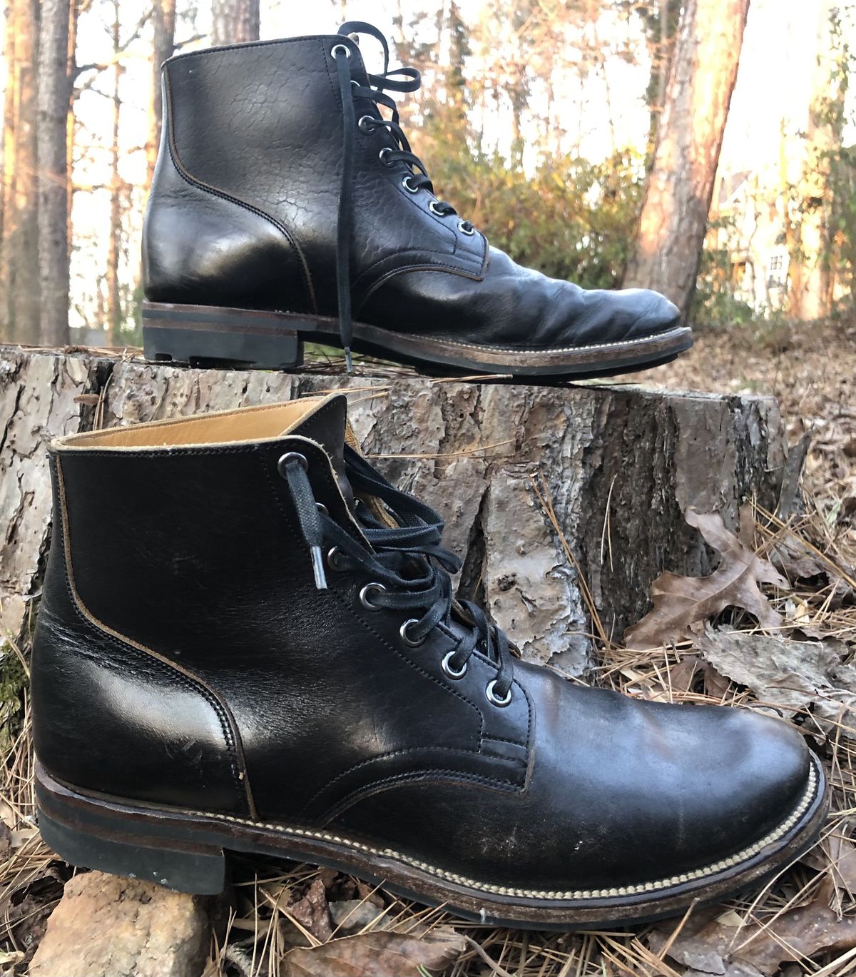 Photo by patinathunderdome on February 4, 2022 of the Viberg Service Boot in Shinki Black Latigo Teacore Horsehide.