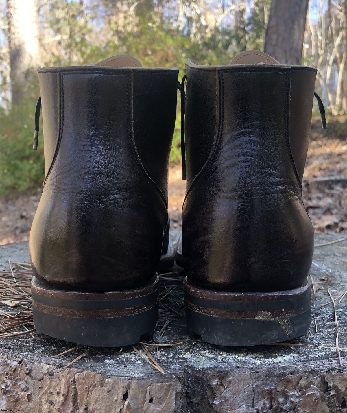 Photo by patinathunderdome on March 4, 2022 of the Viberg Service Boot in Shinki Black Latigo Teacore Horsehide.