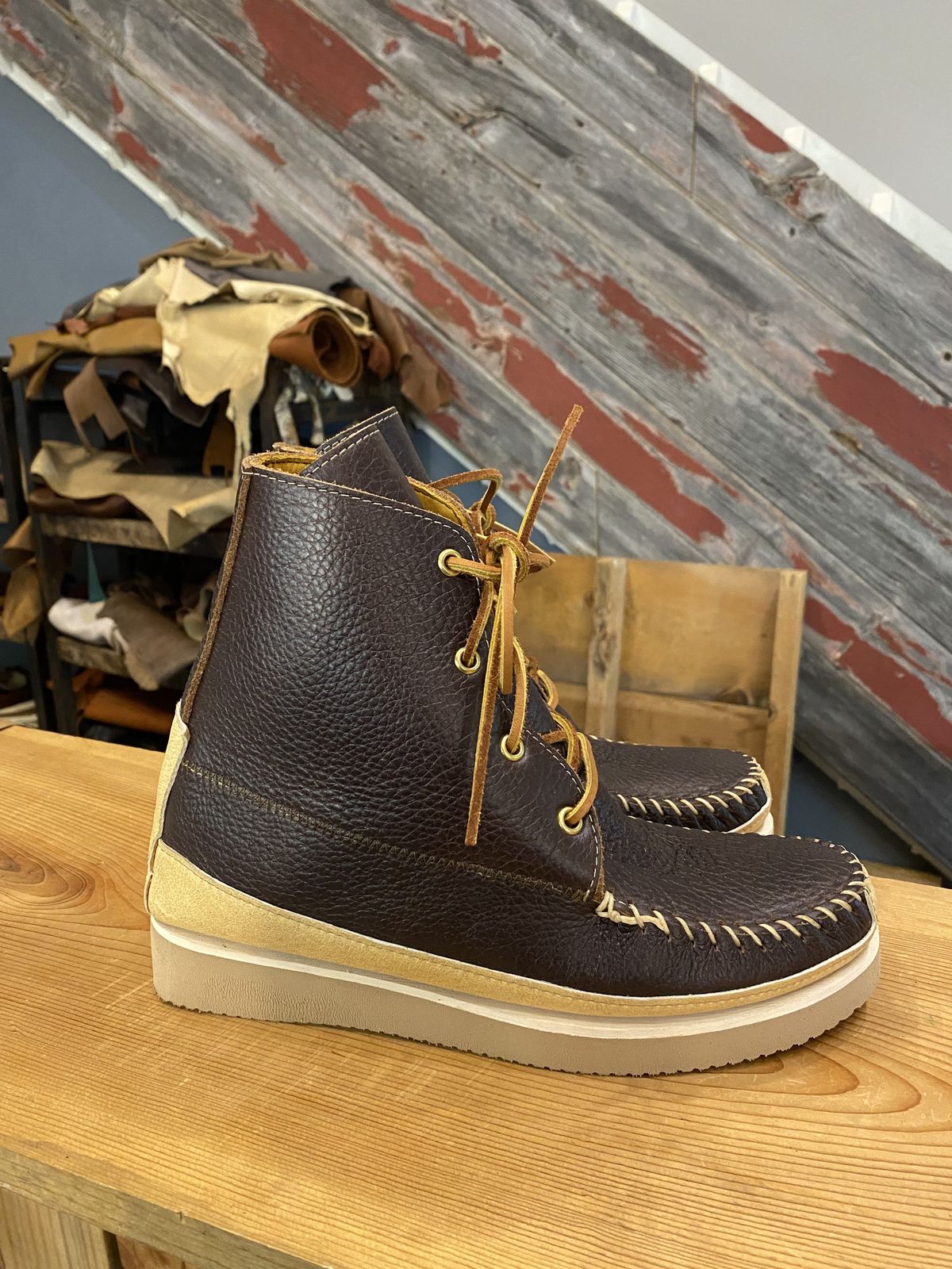 Photo by patinathunderdome on October 1, 2021 of the Fish Creek Moccasin Hardsole Boot in Tandy Mahogany Anilux Cowhide.