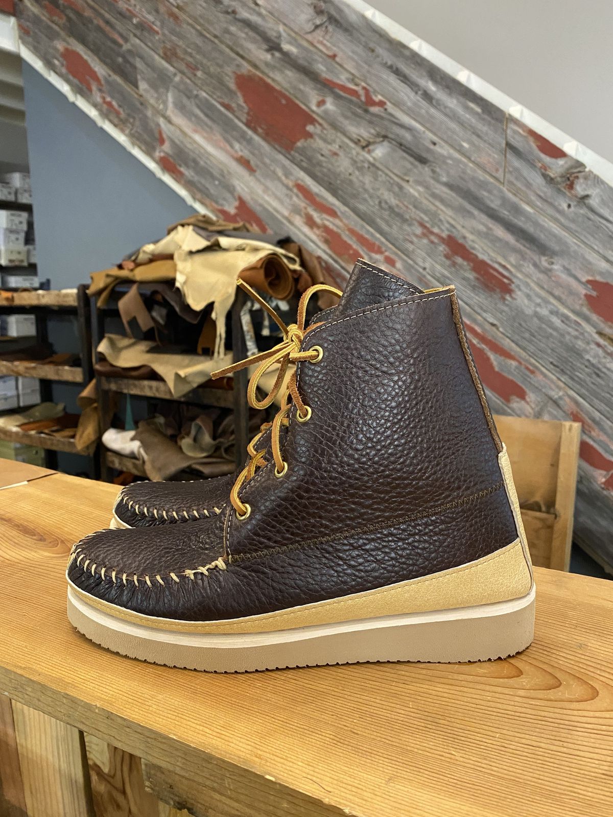 Photo by patinathunderdome on October 1, 2021 of the Fish Creek Moccasin Hardsole Boot in Tandy Mahogany Anilux Cowhide.