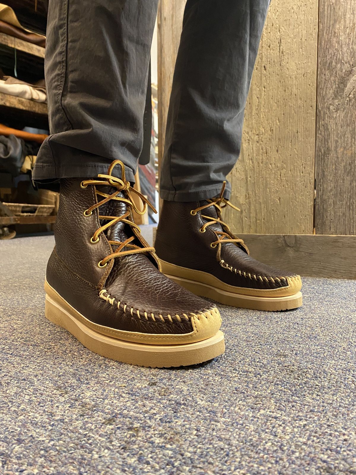 Photo by patinathunderdome on October 1, 2021 of the Fish Creek Moccasin Hardsole Boot in Tandy Mahogany Anilux Cowhide.