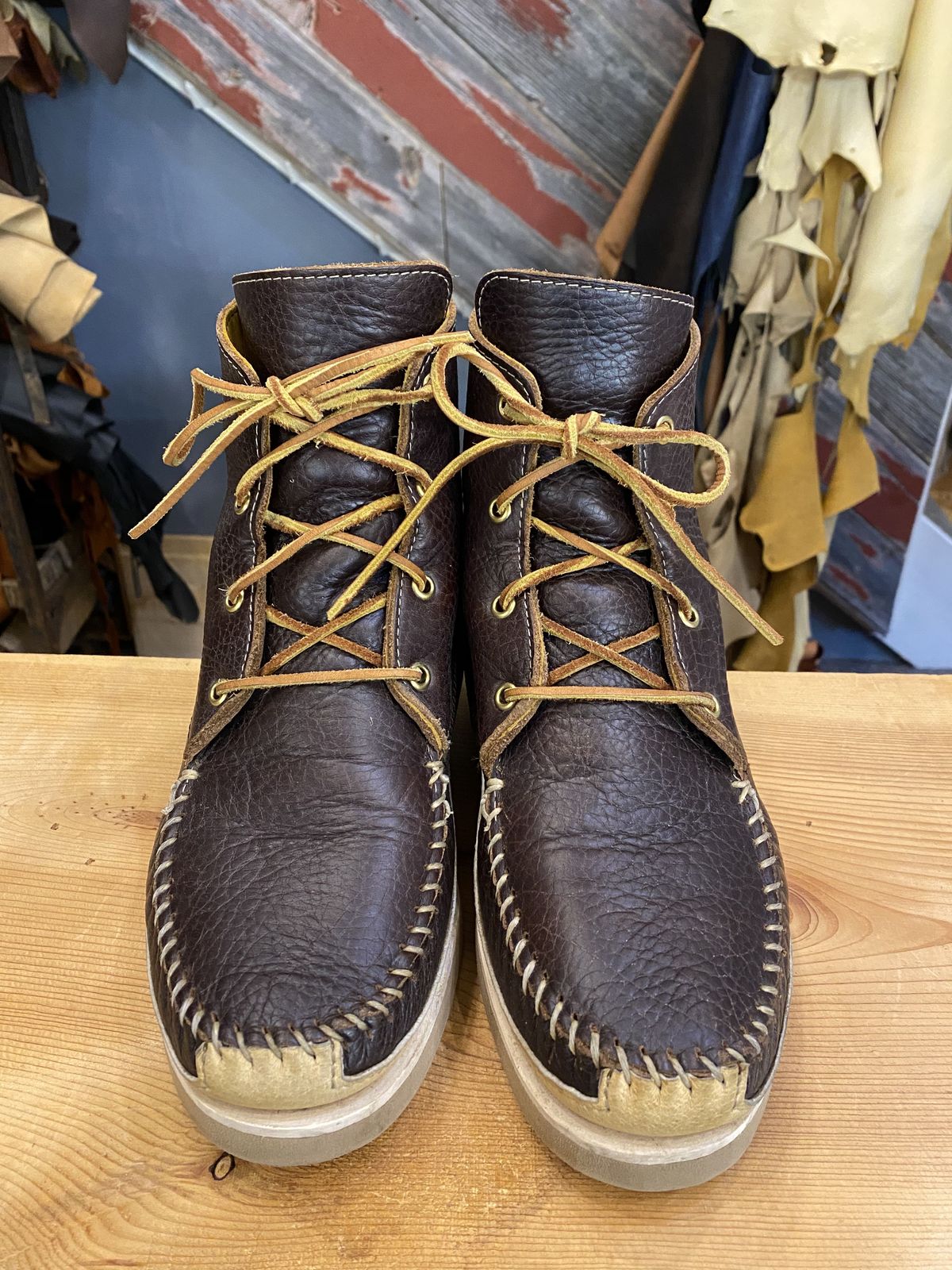 Photo by patinathunderdome on November 2, 2021 of the Fish Creek Moccasin Hardsole Boot in Tandy Mahogany Anilux Cowhide.