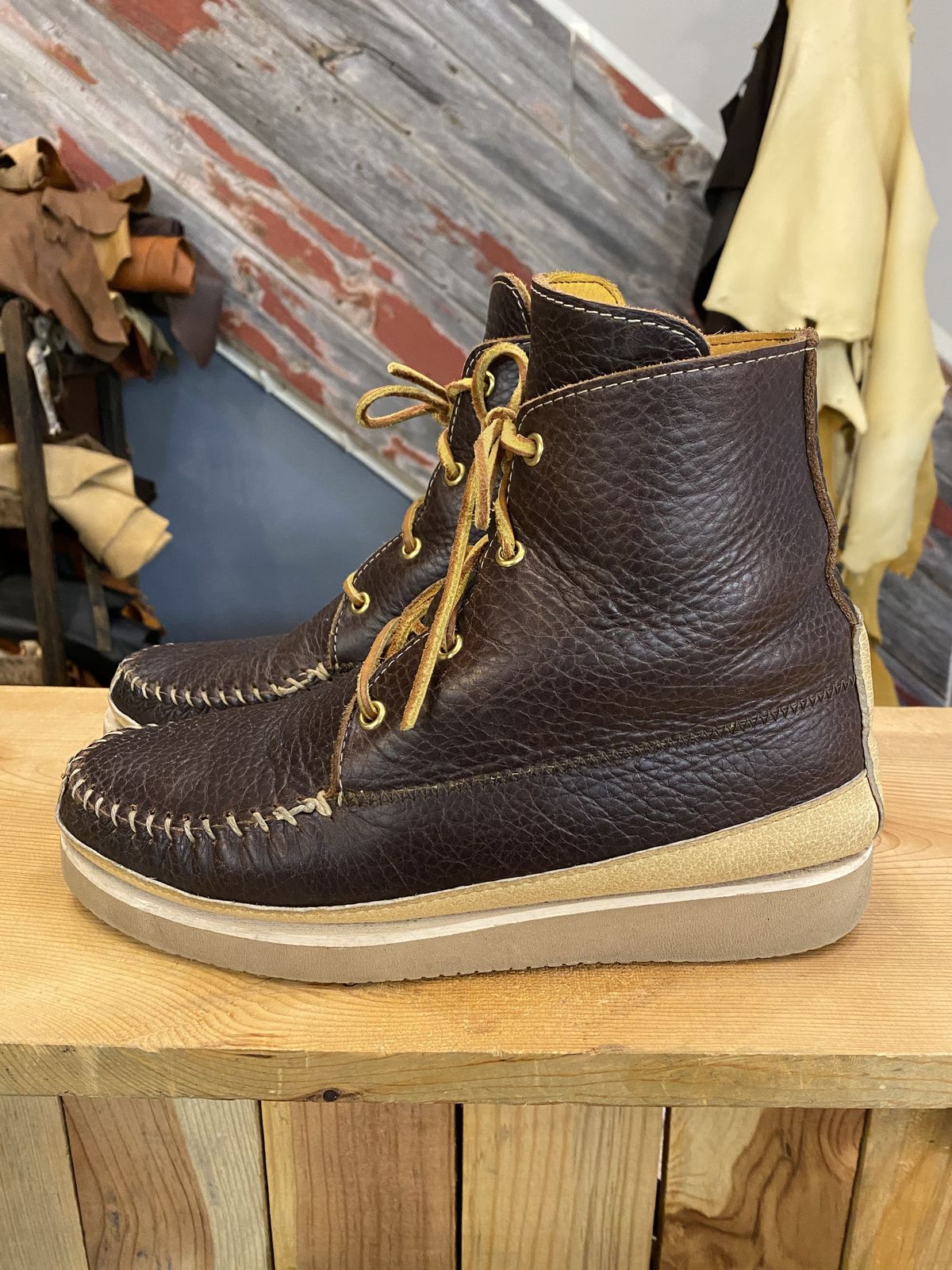 Photo by patinathunderdome on November 2, 2021 of the Fish Creek Moccasin Hardsole Boot in Tandy Mahogany Anilux Cowhide.