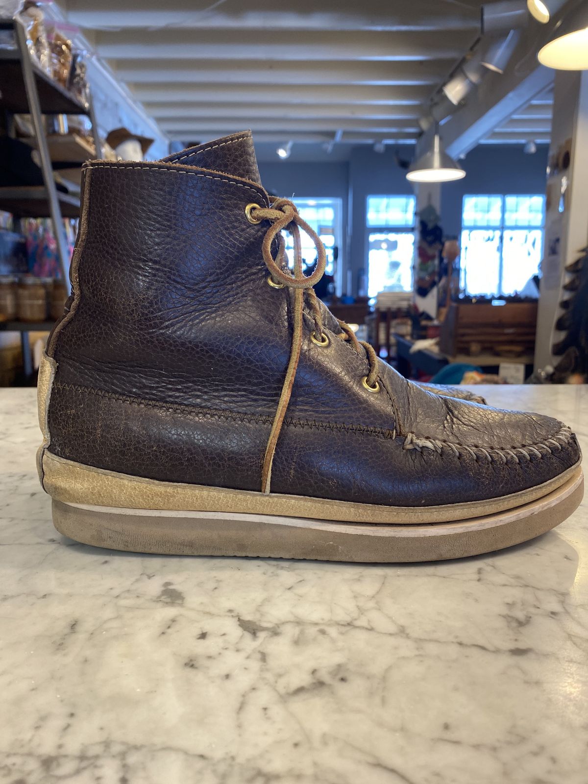 Photo by patinathunderdome on March 4, 2022 of the Fish Creek Moccasin Hardsole Boot in Tandy Mahogany Anilux Cowhide.