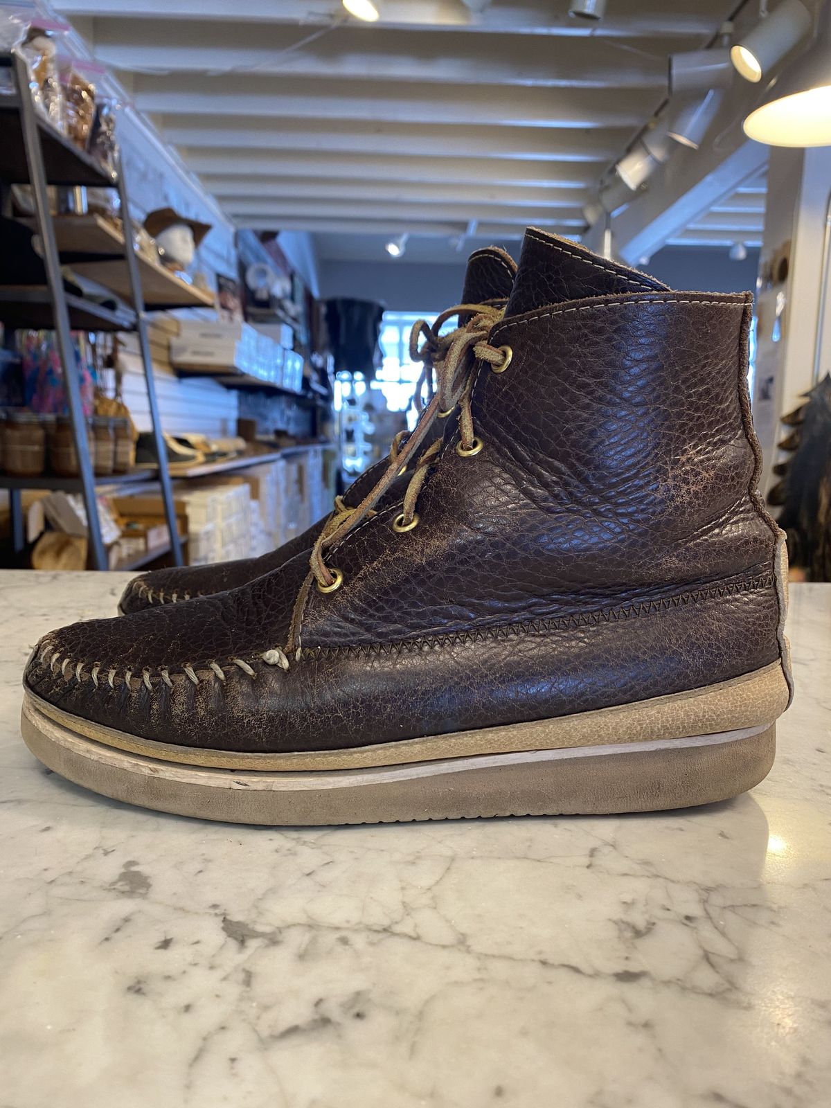 Photo by patinathunderdome on March 4, 2022 of the Fish Creek Moccasin Hardsole Boot in Tandy Mahogany Anilux Cowhide.