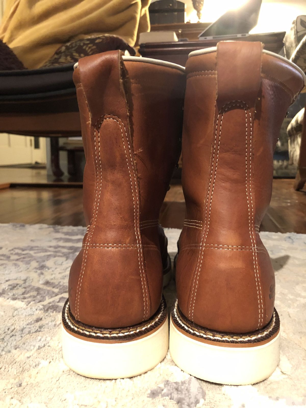 Photo by patinathunderdome on October 1, 2021 of the Thorogood 8" Moc Toe in Tobacco Gladiator Oil-Tanned.