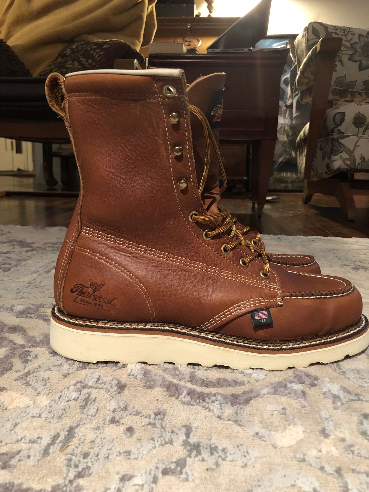 Photo by patinathunderdome on October 1, 2021 of the Thorogood 8" Moc Toe in Tobacco Gladiator Oil-Tanned.