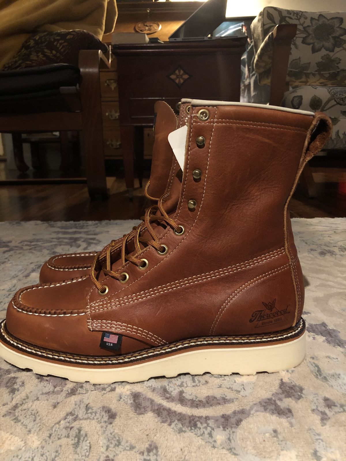 Photo by patinathunderdome on October 1, 2021 of the Thorogood 8" Moc Toe in Tobacco Gladiator Oil-Tanned.