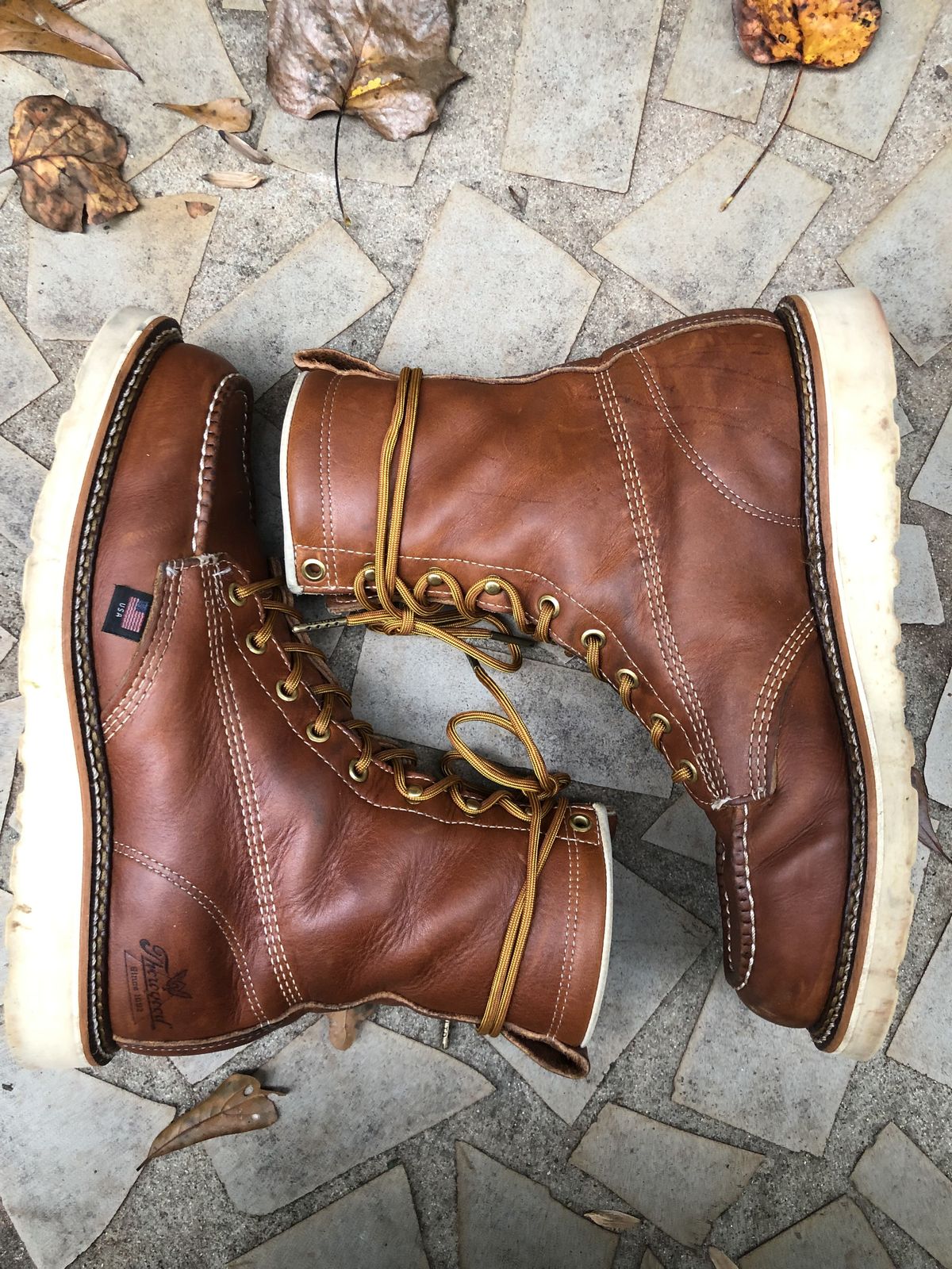 Photo by patinathunderdome on November 4, 2021 of the Thorogood 8" Moc Toe in Tobacco Gladiator Oil-Tanned.
