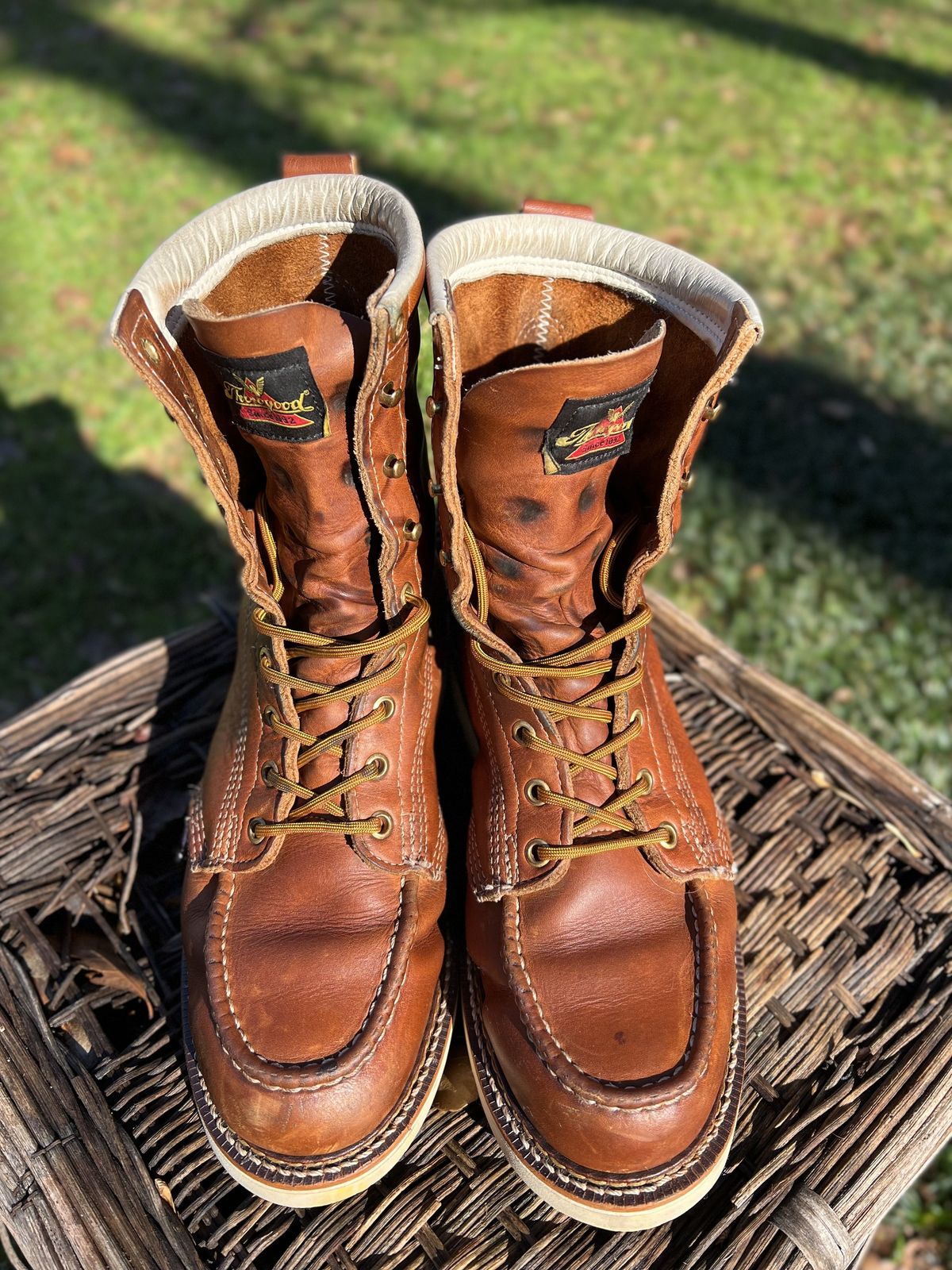 Photo by patinathunderdome on January 3, 2022 of the Thorogood 8" Moc Toe in Tobacco Gladiator Oil-Tanned.