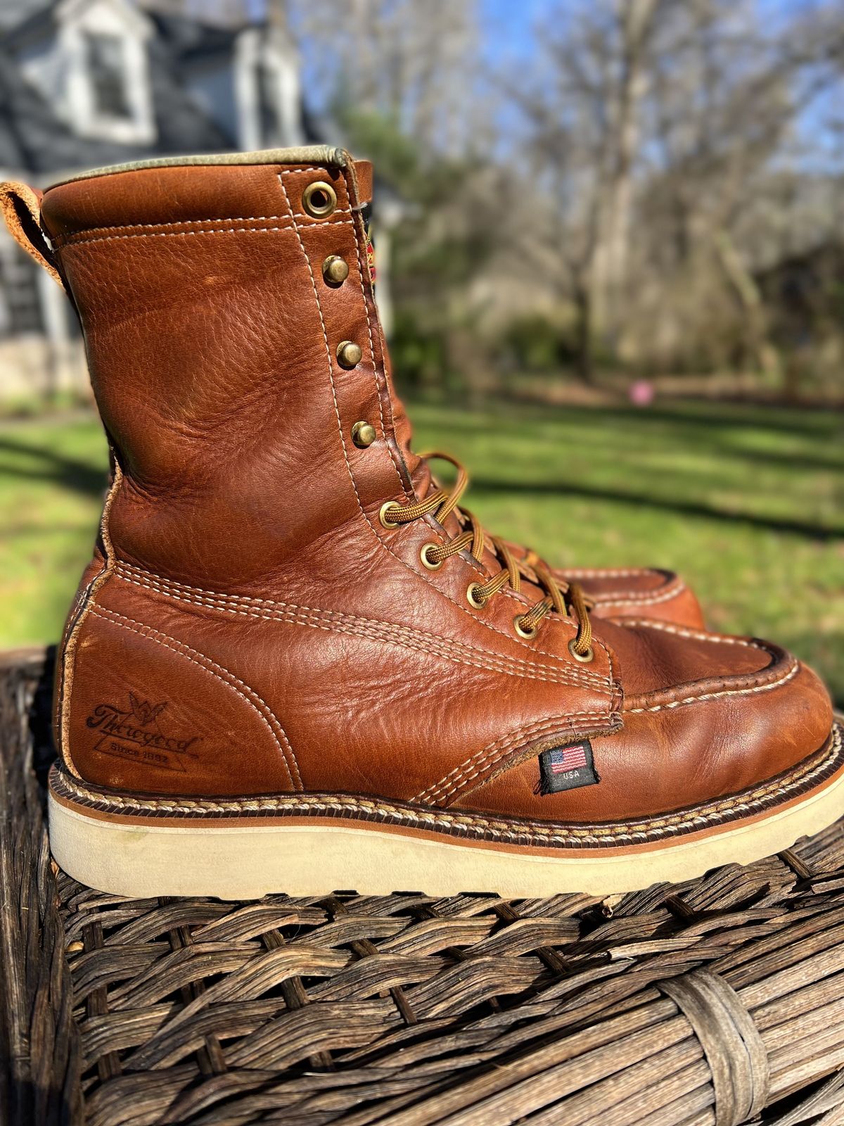 Photo by patinathunderdome on January 3, 2022 of the Thorogood 8" Moc Toe in Tobacco Gladiator Oil-Tanned.