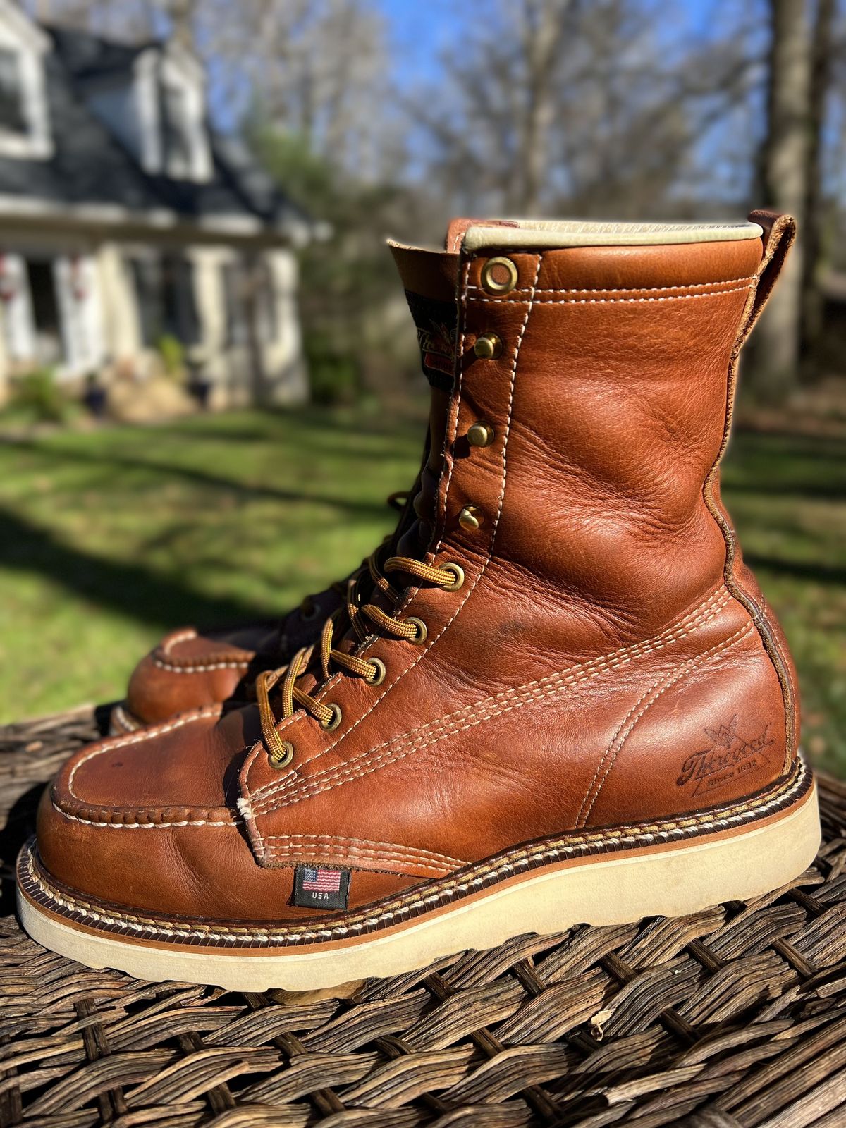 Photo by patinathunderdome on January 3, 2022 of the Thorogood 8" Moc Toe in Tobacco Gladiator Oil-Tanned.