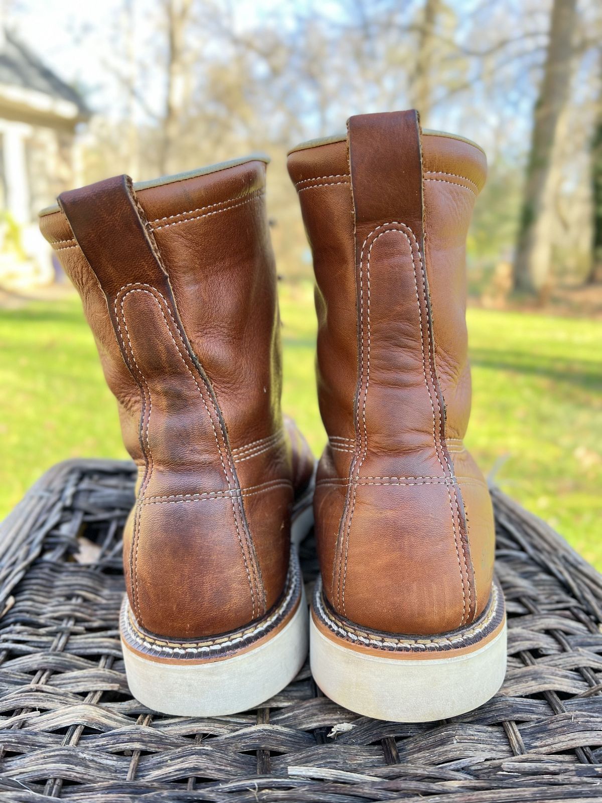 Photo by patinathunderdome on January 3, 2022 of the Thorogood 8" Moc Toe in Tobacco Gladiator Oil-Tanned.
