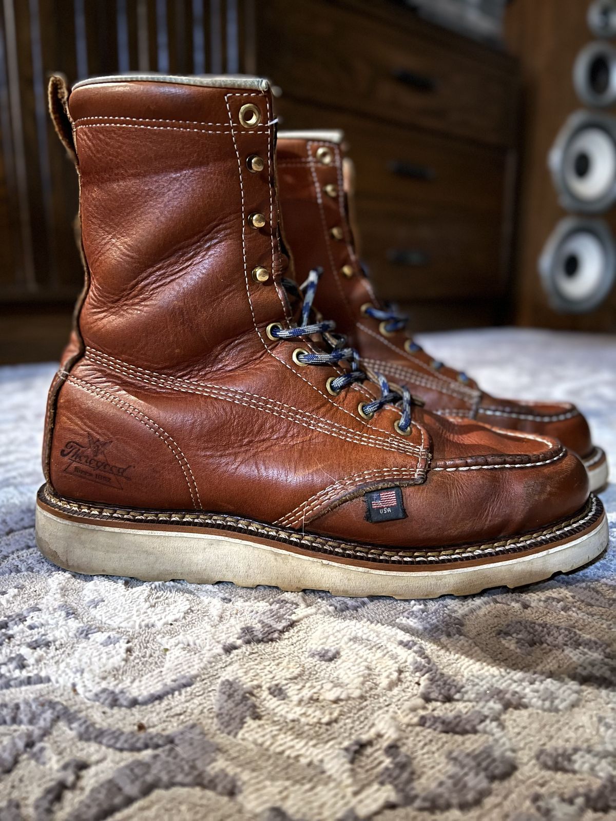 Photo by patinathunderdome on February 4, 2022 of the Thorogood 8" Moc Toe in Tobacco Gladiator Oil-Tanned.