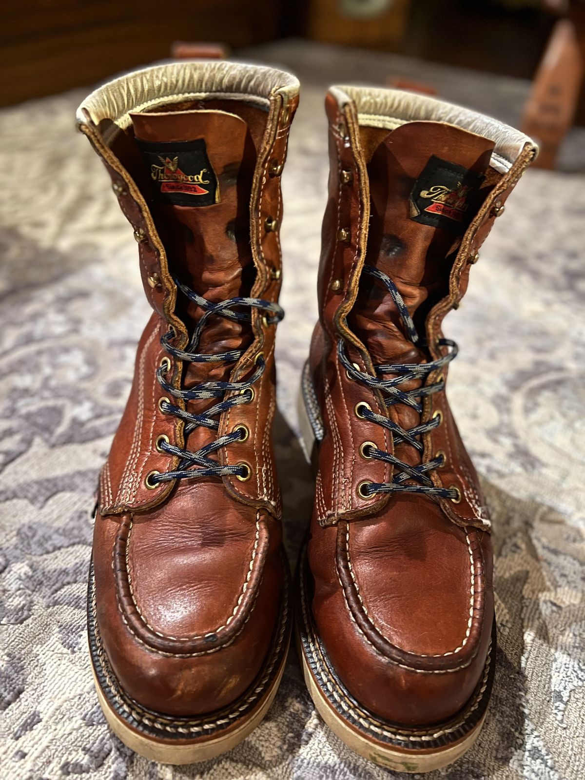 Photo by patinathunderdome on February 4, 2022 of the Thorogood 8" Moc Toe in Tobacco Gladiator Oil-Tanned.