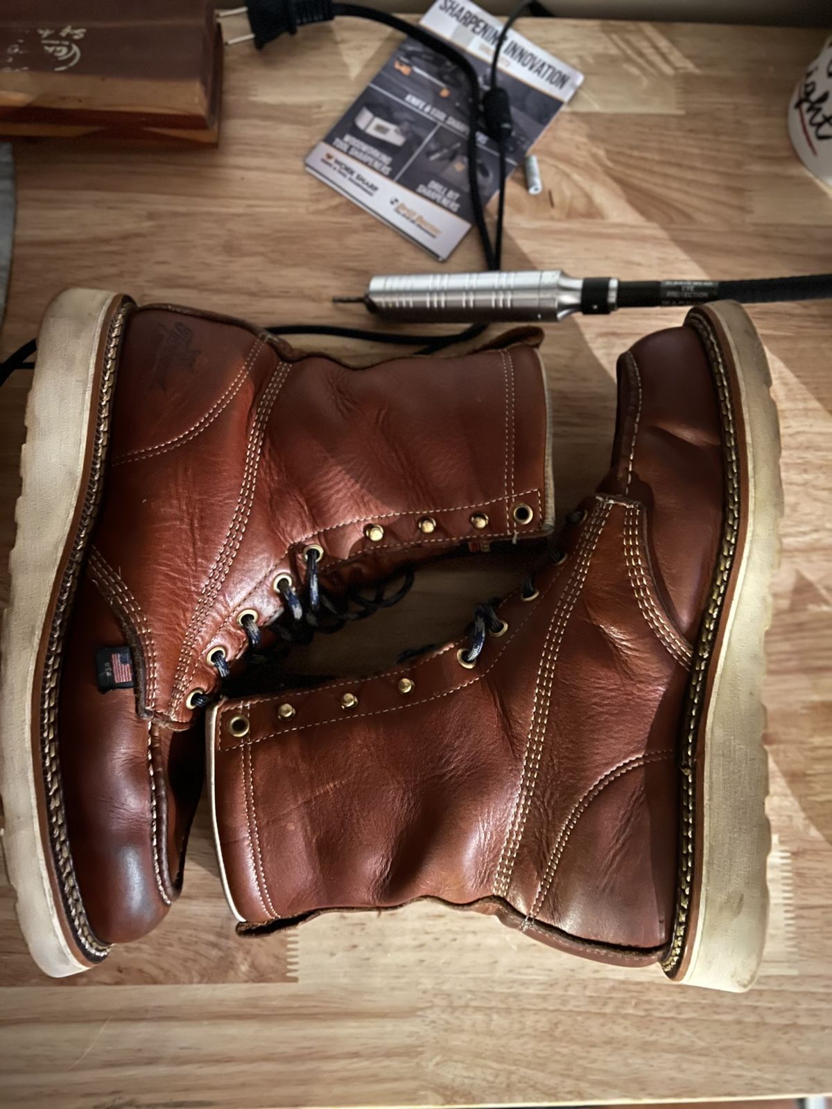 Photo by patinathunderdome on March 5, 2022 of the Thorogood 8" Moc Toe in Tobacco Gladiator Oil-Tanned.