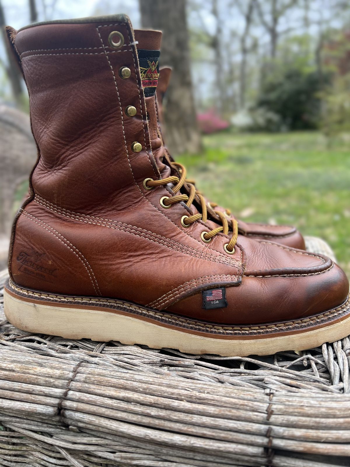 Photo by patinathunderdome on April 2, 2022 of the Thorogood 8" Moc Toe in Tobacco Gladiator Oil-Tanned.