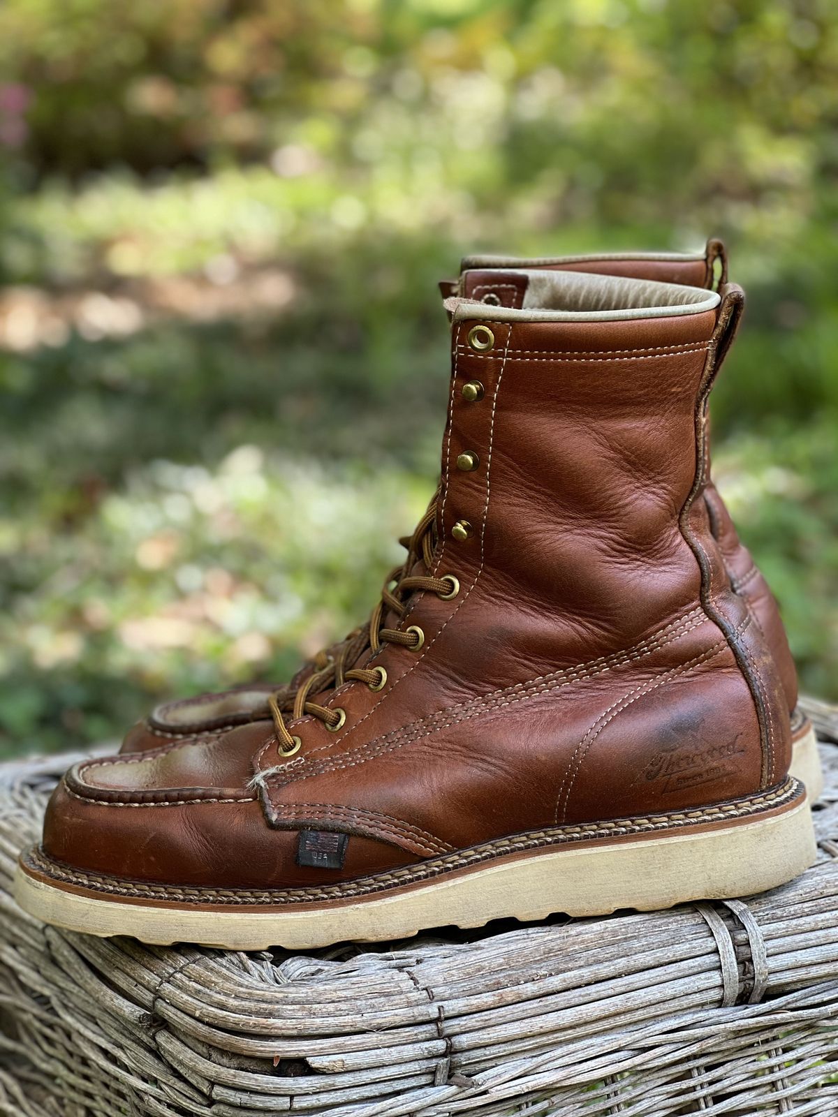 Photo by patinathunderdome on May 1, 2022 of the Thorogood 8" Moc Toe in Tobacco Gladiator Oil-Tanned.