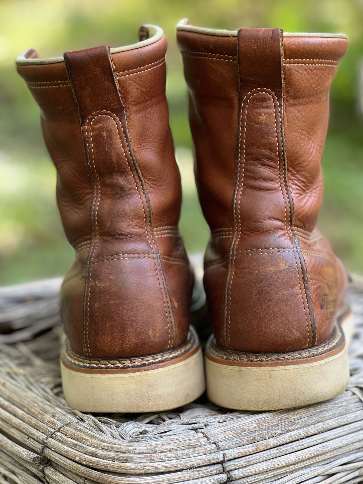 Photo by patinathunderdome on May 1, 2022 of the Thorogood 8" Moc Toe in Tobacco Gladiator Oil-Tanned.