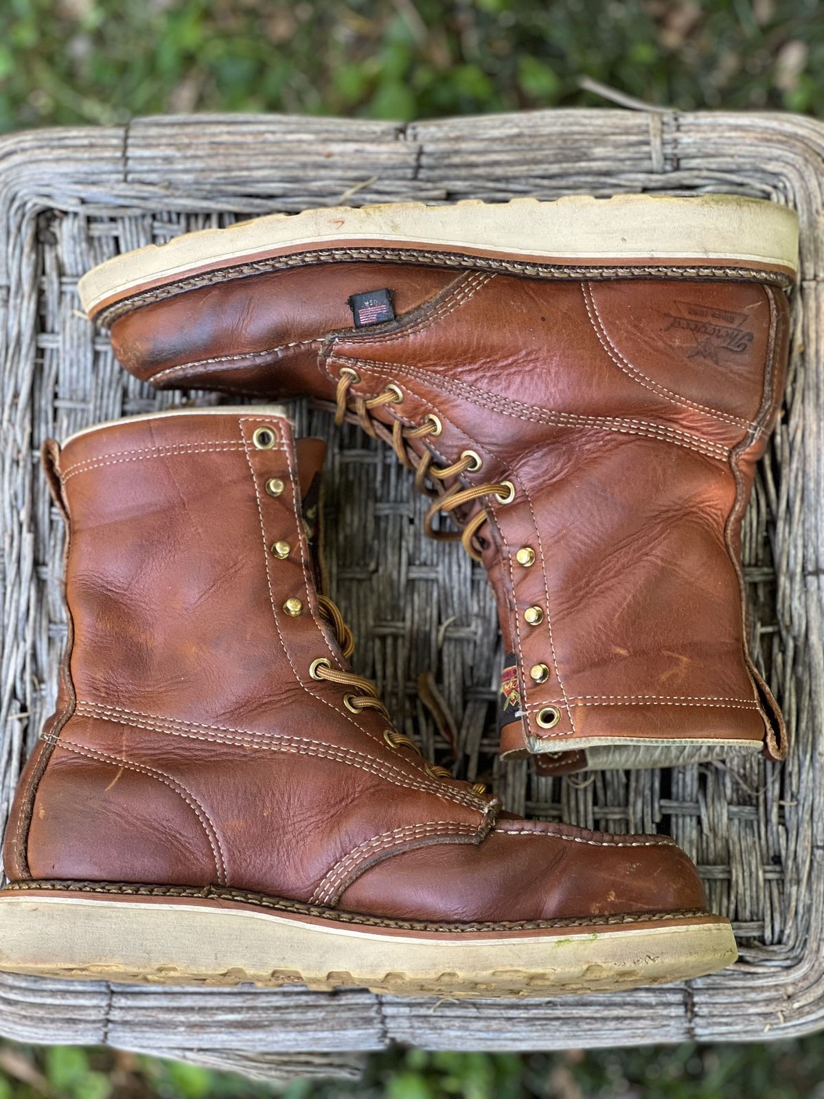 Photo by patinathunderdome on May 1, 2022 of the Thorogood 8" Moc Toe in Tobacco Gladiator Oil-Tanned.