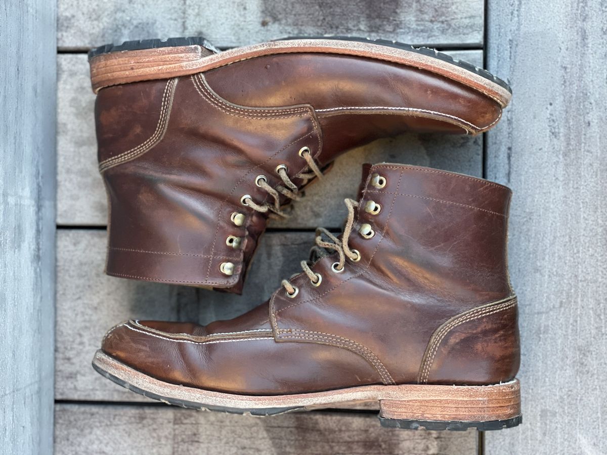 Photo by patinathunderdome on April 2, 2022 of the John Doe Shoes 11 Campbell Boot in Horween Cognac Boundary.