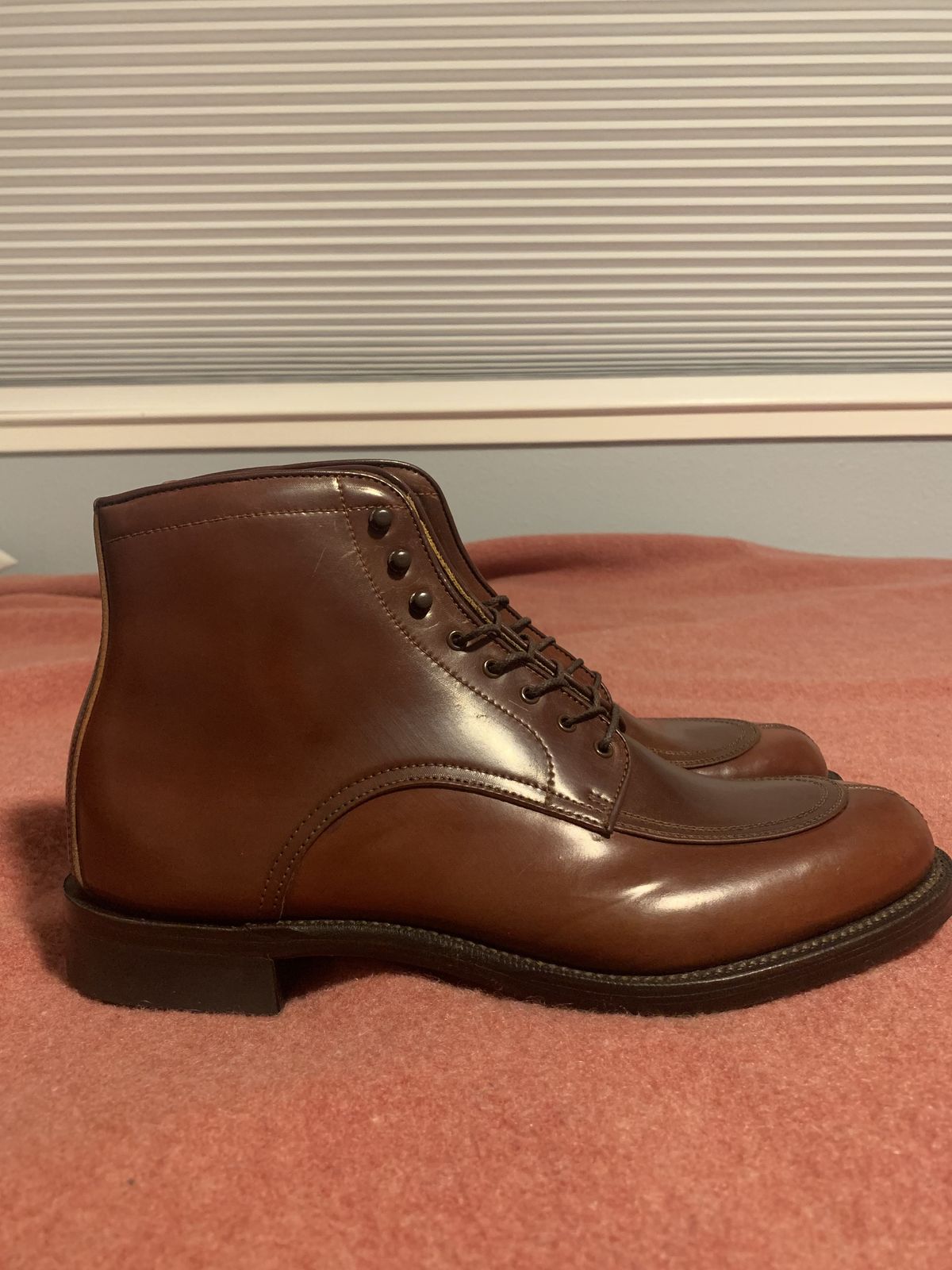 Photo by patinathunderdome on October 1, 2021 of the Makers U Mocca Blucher in Horween Color 4 Shell Cordovan.