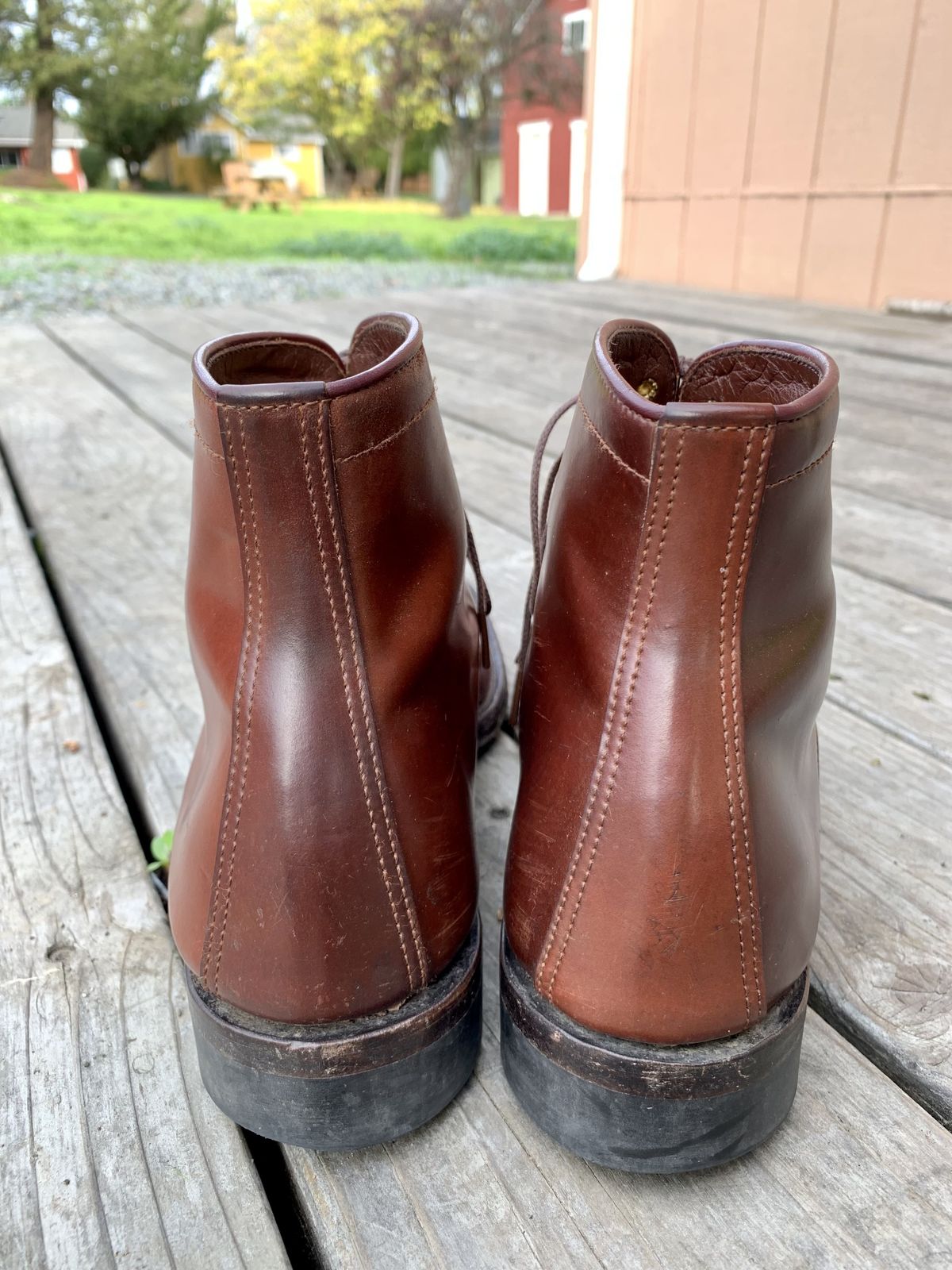 Photo by patinathunderdome on November 5, 2021 of the Makers U Mocca Blucher in Horween Color 4 Shell Cordovan.