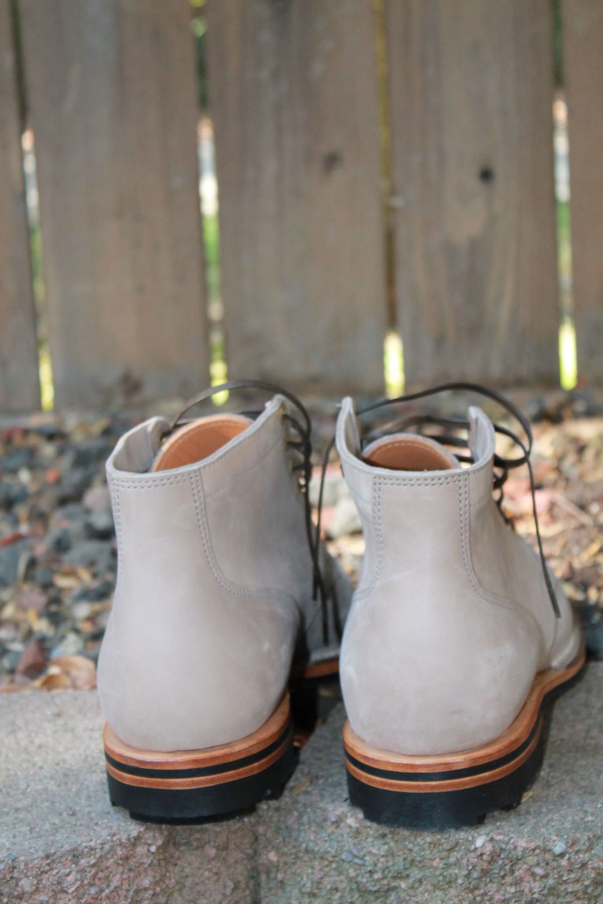 Photo by patinathunderdome on October 1, 2021 of the Viberg Service Boot in Maryam Light Grey Horsebutt.