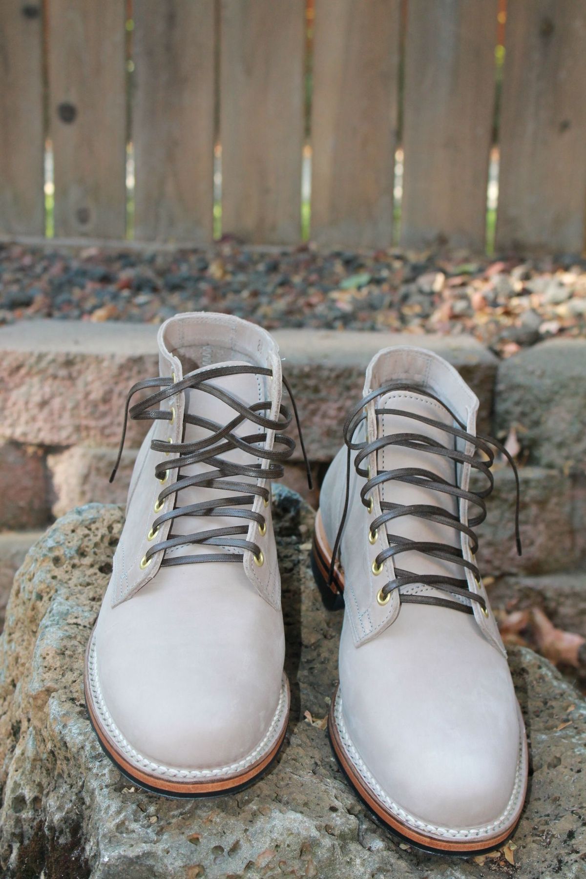 Photo by patinathunderdome on October 1, 2021 of the Viberg Service Boot in Maryam Light Grey Horsebutt.