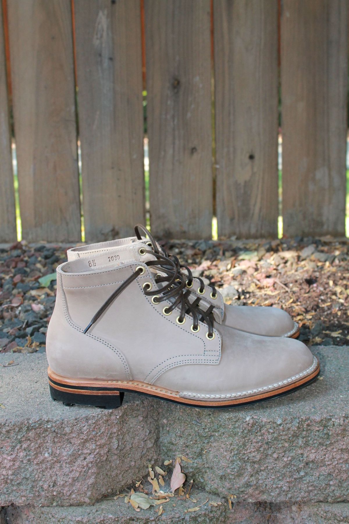 Photo by patinathunderdome on October 1, 2021 of the Viberg Service Boot in Maryam Light Grey Horsebutt.