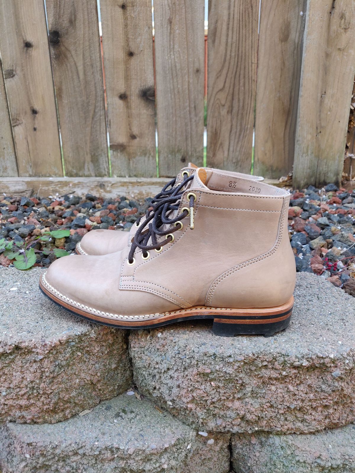 Photo by patinathunderdome on March 5, 2022 of the Viberg Service Boot in Maryam Light Grey Horsebutt.