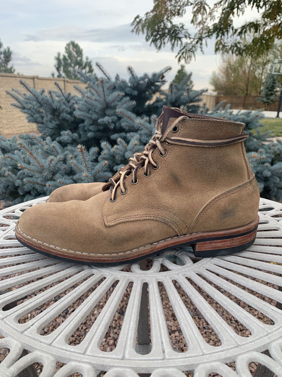 Photo by patinathunderdome on November 1, 2021 of the Oak Street Bootmakers Storm Boot in Horween Natural Chromexcel Roughout.