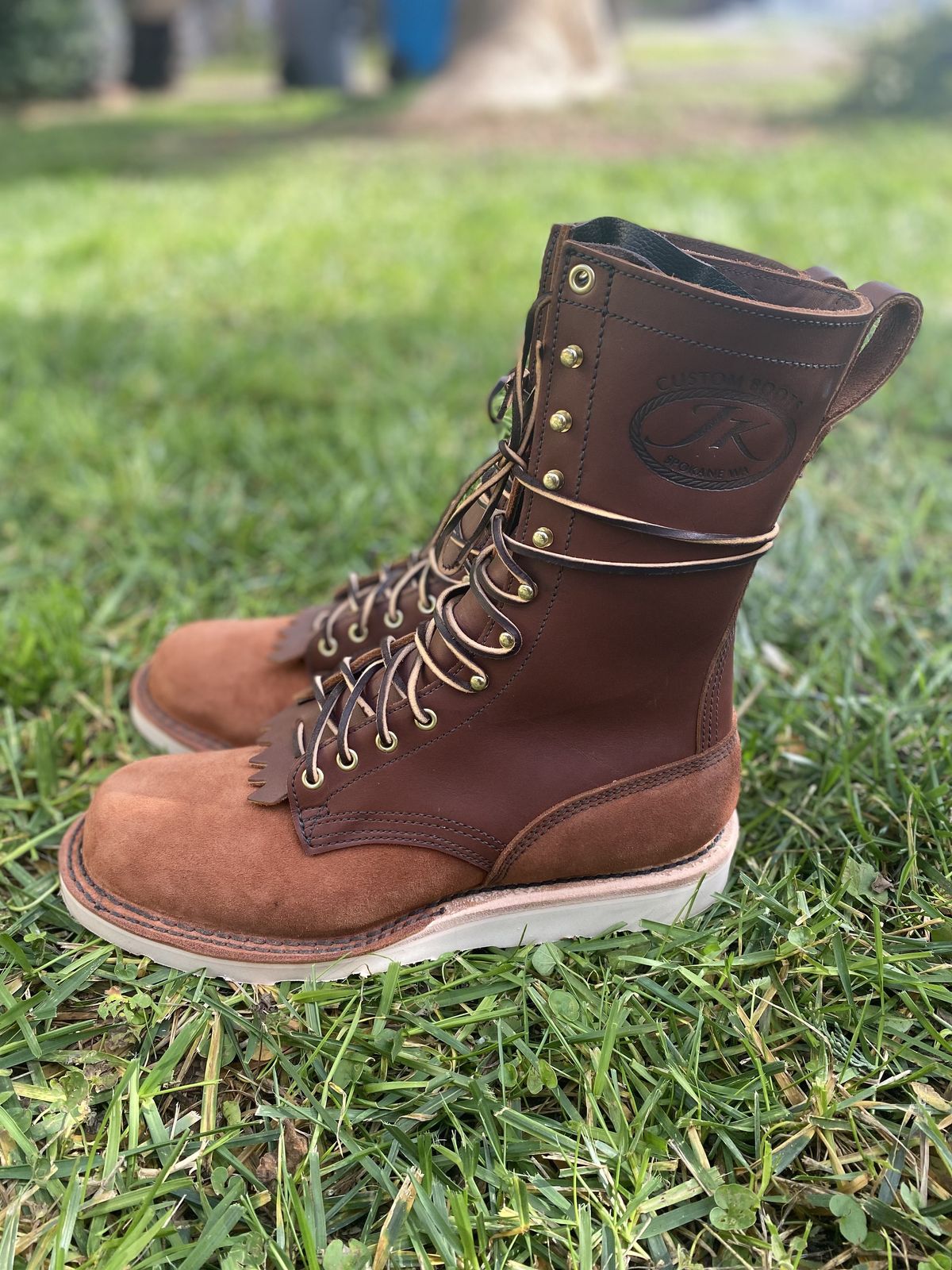 Photo by patinathunderdome on November 5, 2021 of the JK Boots Forefront in Seidel Redwood Oil Tan Roughout.