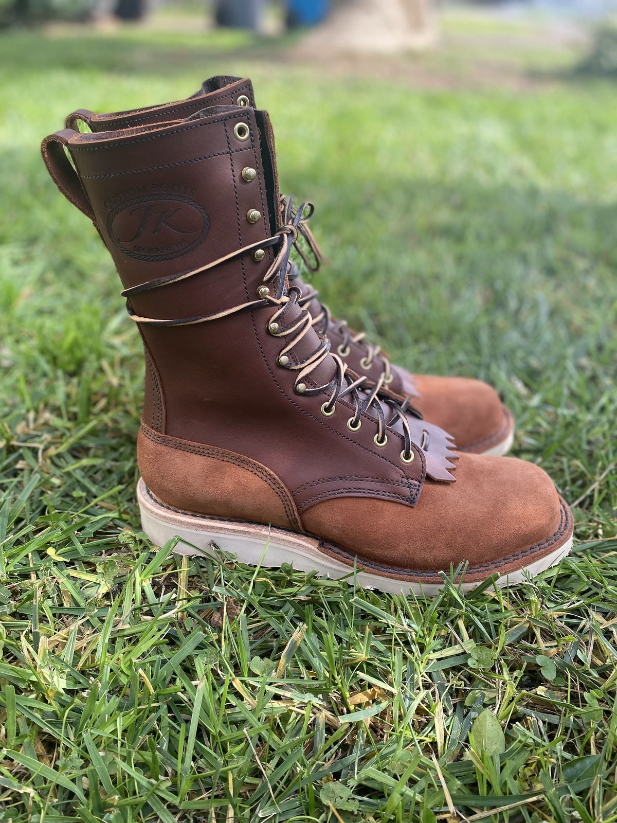 Photo by patinathunderdome on November 5, 2021 of the JK Boots Forefront in Seidel Redwood Oil Tan Roughout.